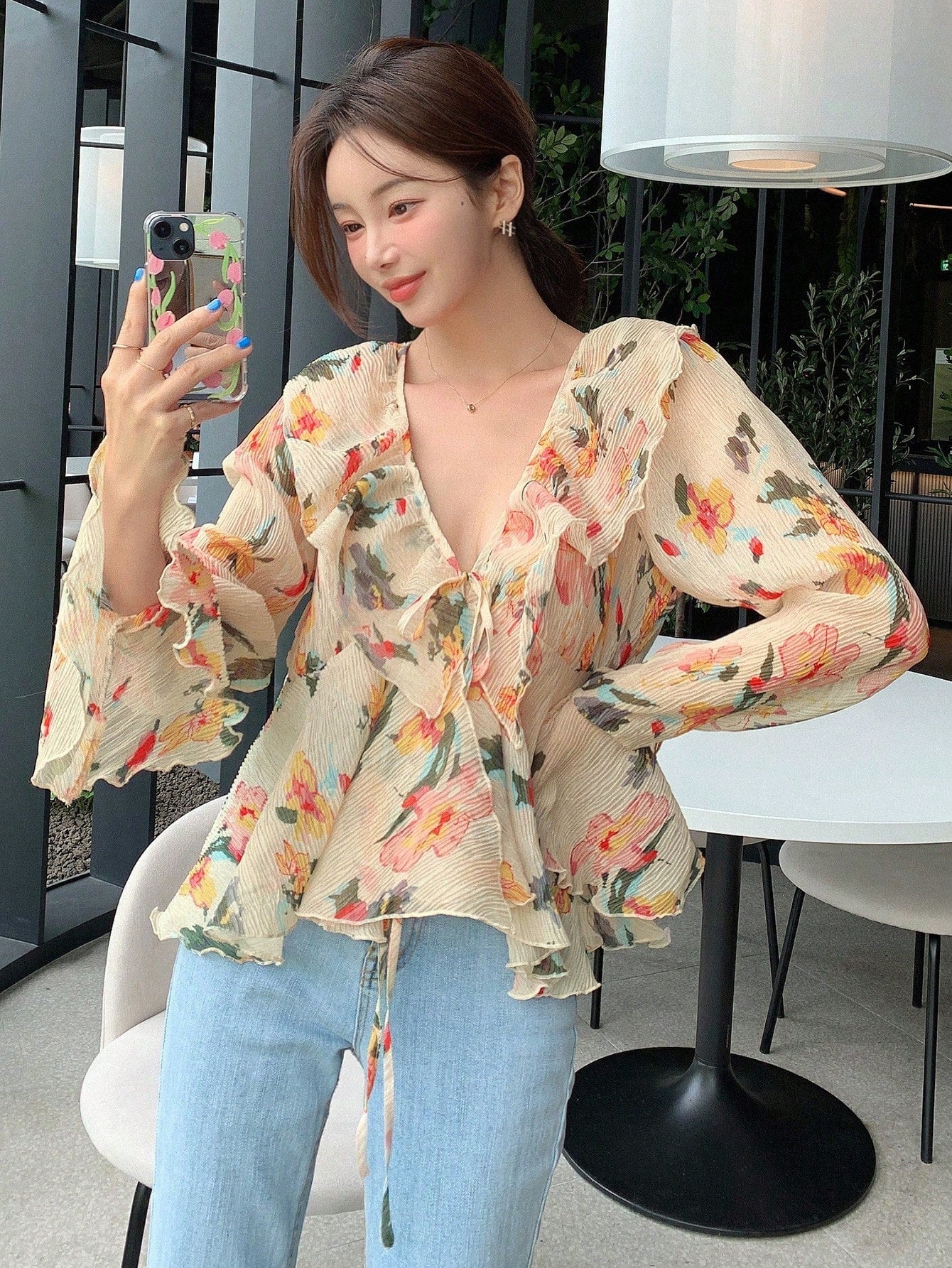 CM-TS196662 Women Trendy Bohemian Style Floral Print Ruffle Trim Flare Sleeve Blouse