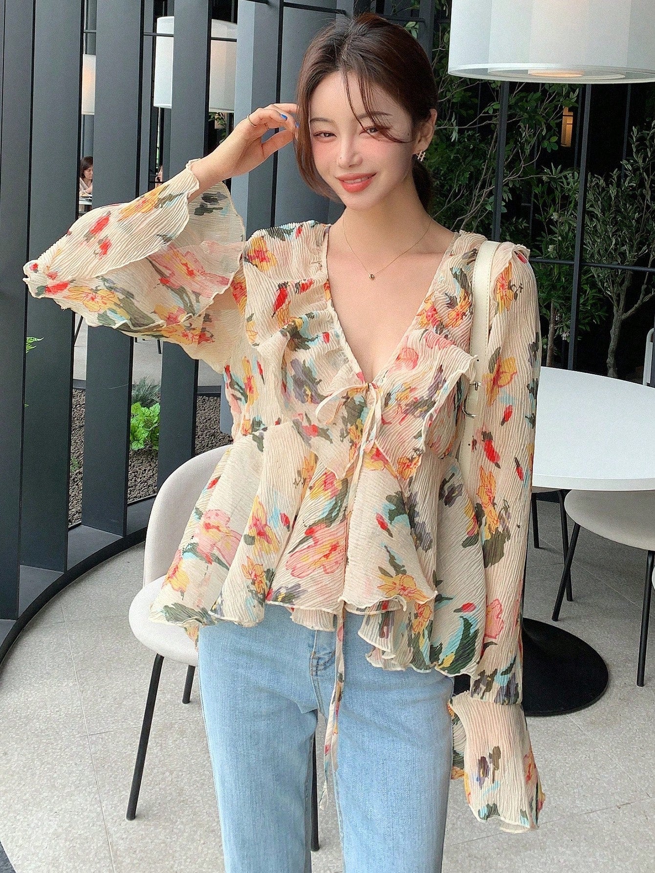 CM-TS196662 Women Trendy Bohemian Style Floral Print Ruffle Trim Flare Sleeve Blouse