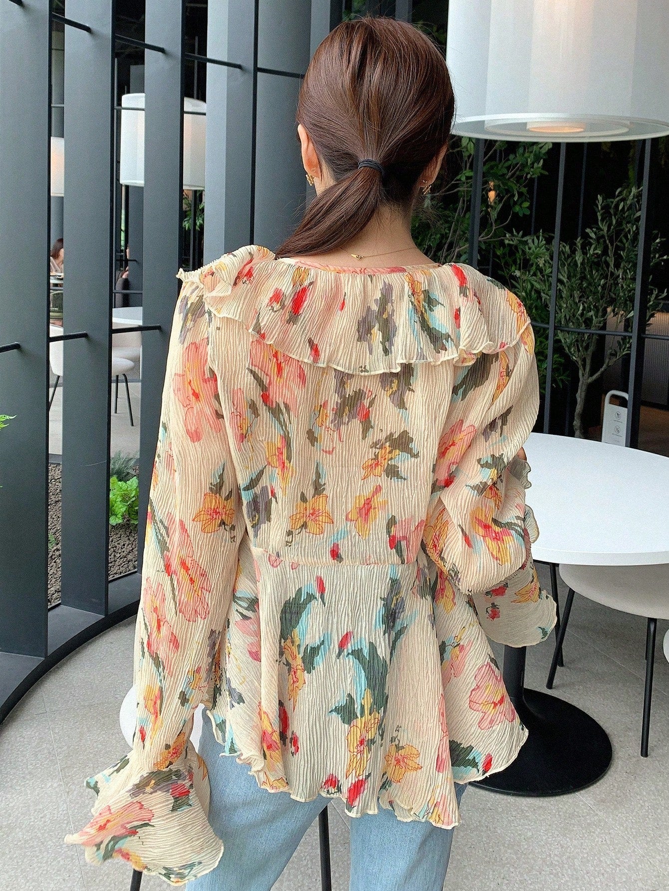 CM-TS196662 Women Trendy Bohemian Style Floral Print Ruffle Trim Flare Sleeve Blouse