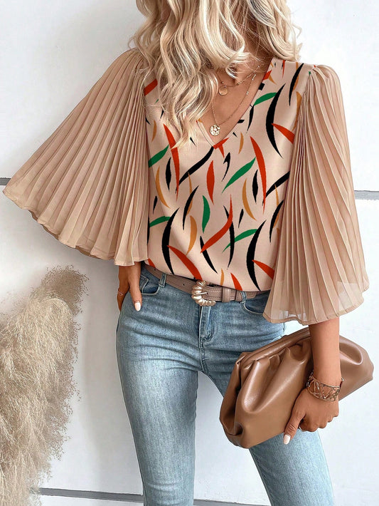 CM-TS391613 Women Casual Seoul Style Graphic Print Pleated Trumpet Sleeve Blouse