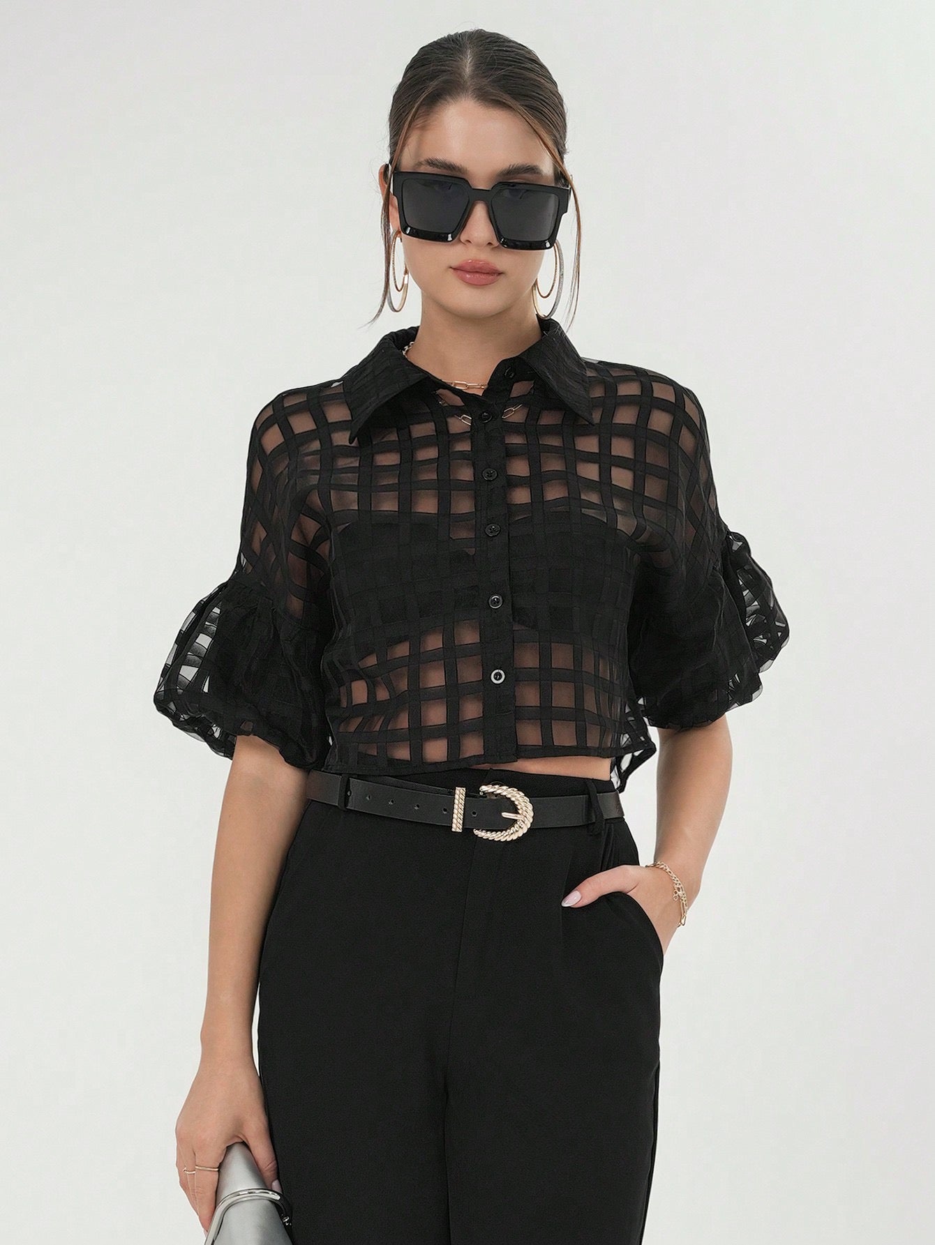 CM-TS612688 Women Casual Seoul Style Plaid Mesh Drop Shoulder Crop Shirt - Black