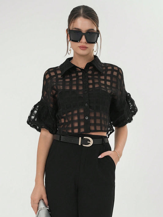CM-TS612688 Women Casual Seoul Style Plaid Mesh Drop Shoulder Crop Shirt - Black