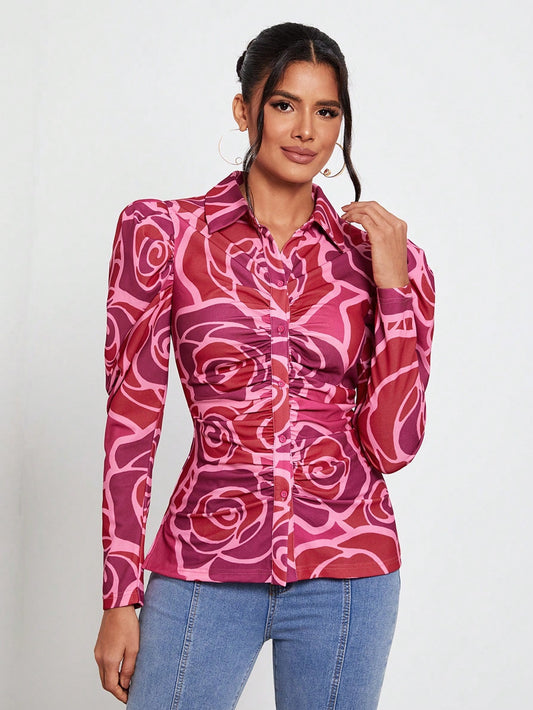 CM-TS959778 Women Casual Seoul Style Allover Rose Print Ruched Button Front Shirt