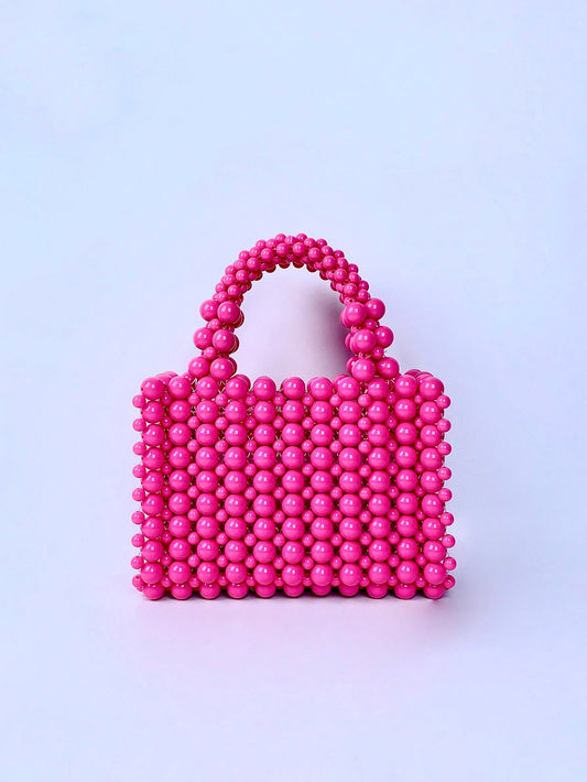 CM-BGS113937 Women Trendy Seoul Style Beaded Square Handbag With Inner Pocket - Pink