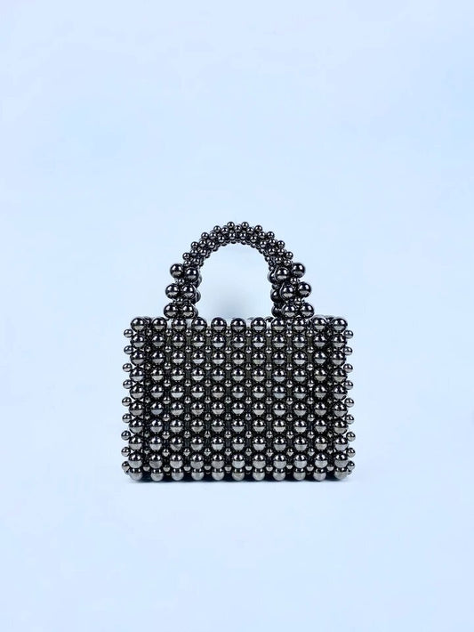 CM-BGS171758 Women Trendy Seoul Style Beaded Square Handbag With Inner Pocket - Dark Gray