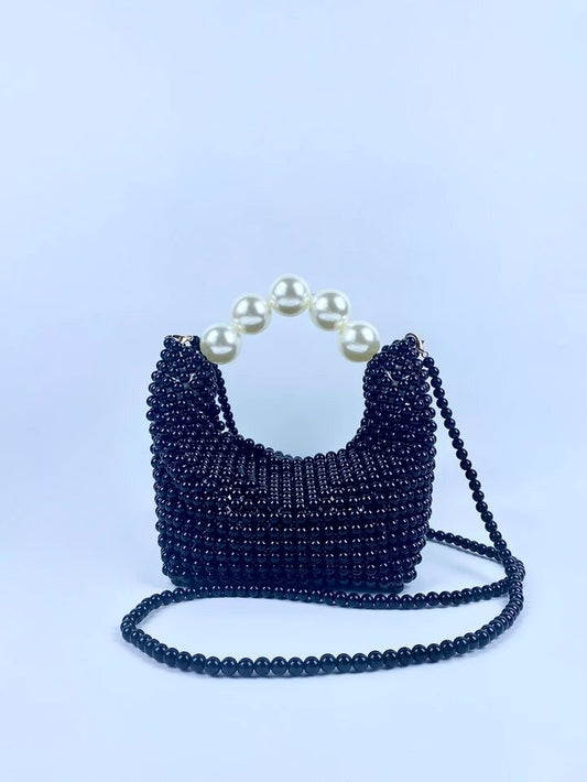 CM-BGS408577 Women Trendy Seoul Style Mini Beaded Faux Pearl Decorated Crossbody Bag - Black