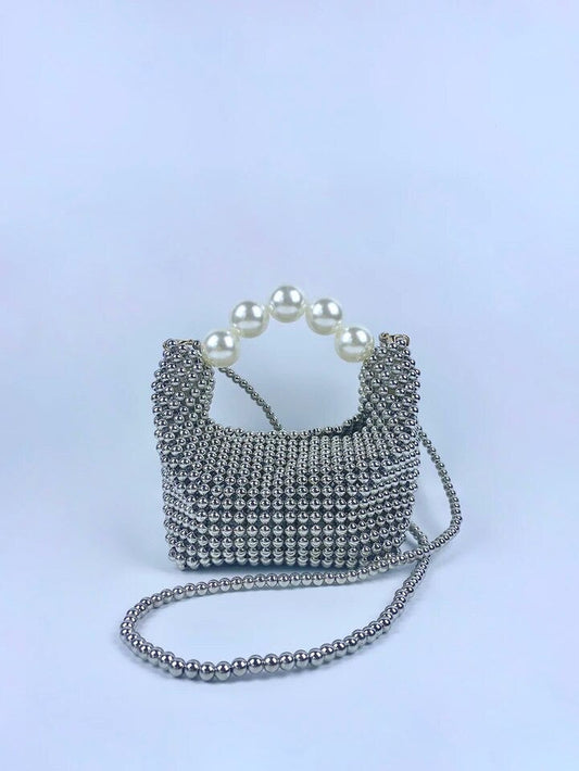 CM-BGS450191 Women Trendy Seoul Style Mini Beaded Faux Pearl Decorated Crossbody Bag - Silver