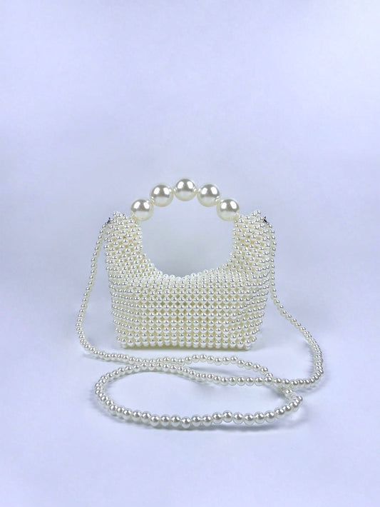 CM-BGS448129 Women Trendy Seoul Style Mini Beaded Faux Pearl Decorated Crossbody Bag - Beige