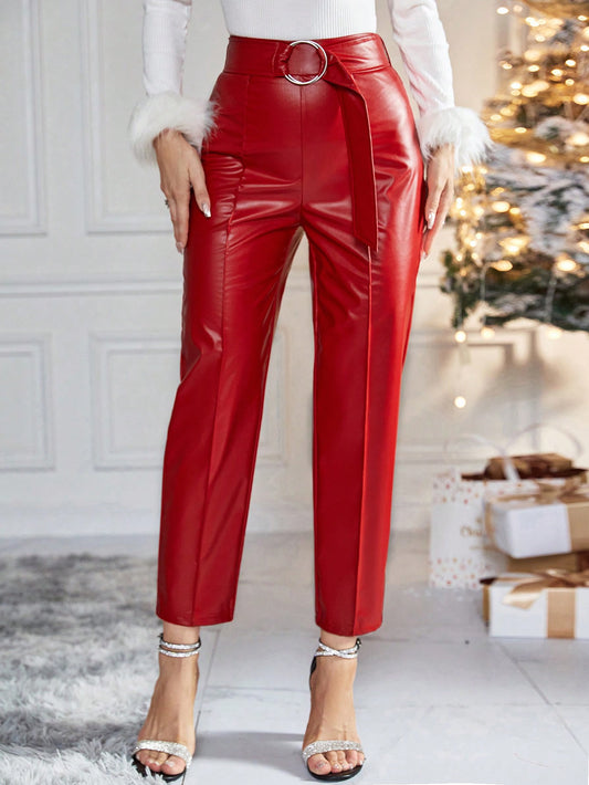 CM-BS798991 Women Elegant Seoul Style High Waist Belted PU Leather Pants - Red