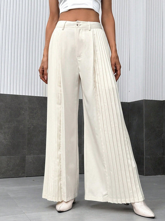 CM-BS864645 Women Casual Seoul Style High Waist Pleated Panel Wide Leg Pants - Beige