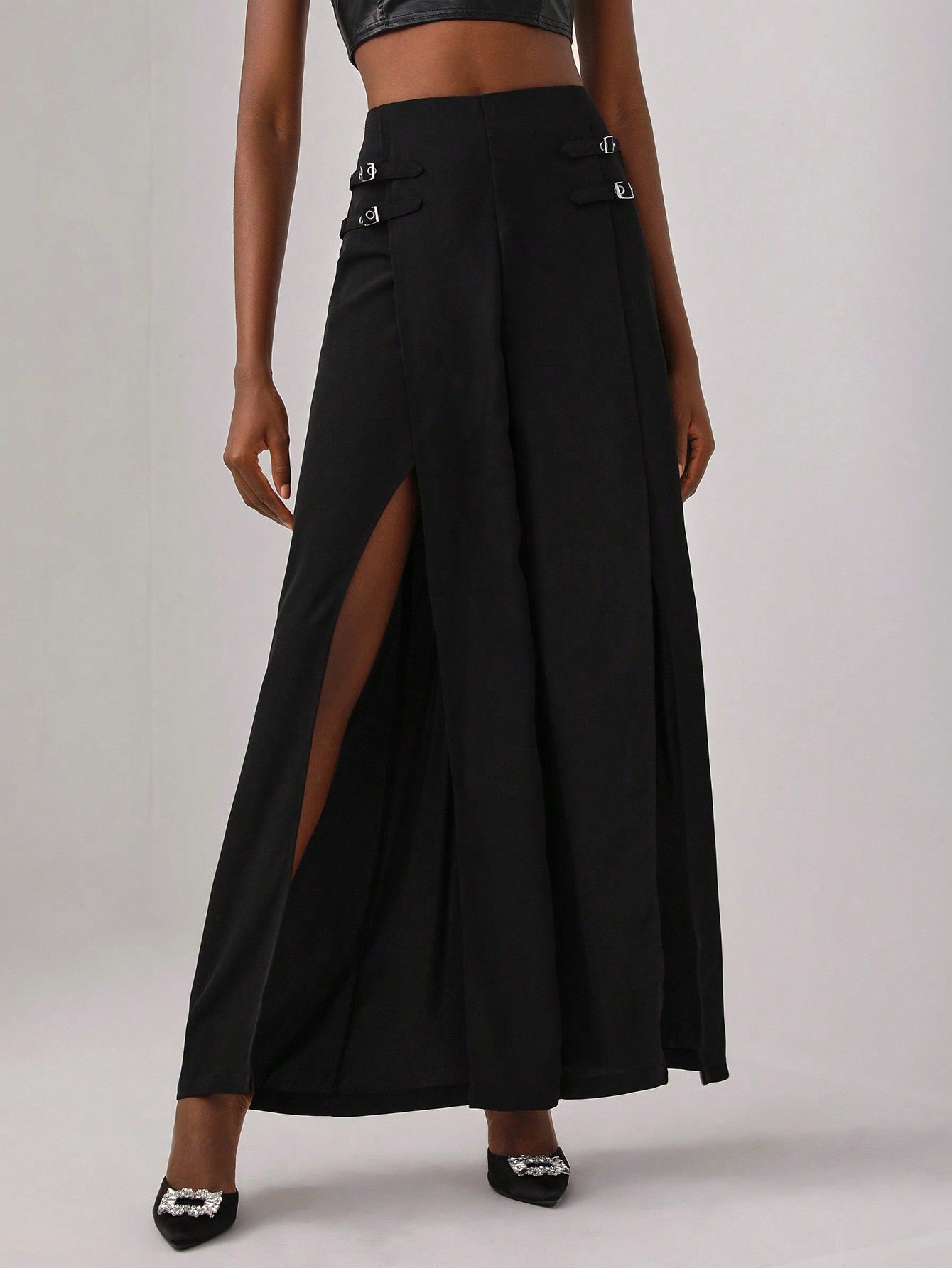 CM-BS514966 Women Elegant Seoul Style Split Thigh Wide Leg Pants - Black