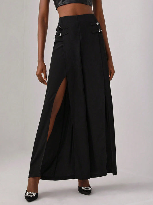 CM-BS514966 Women Elegant Seoul Style Split Thigh Wide Leg Pants - Black