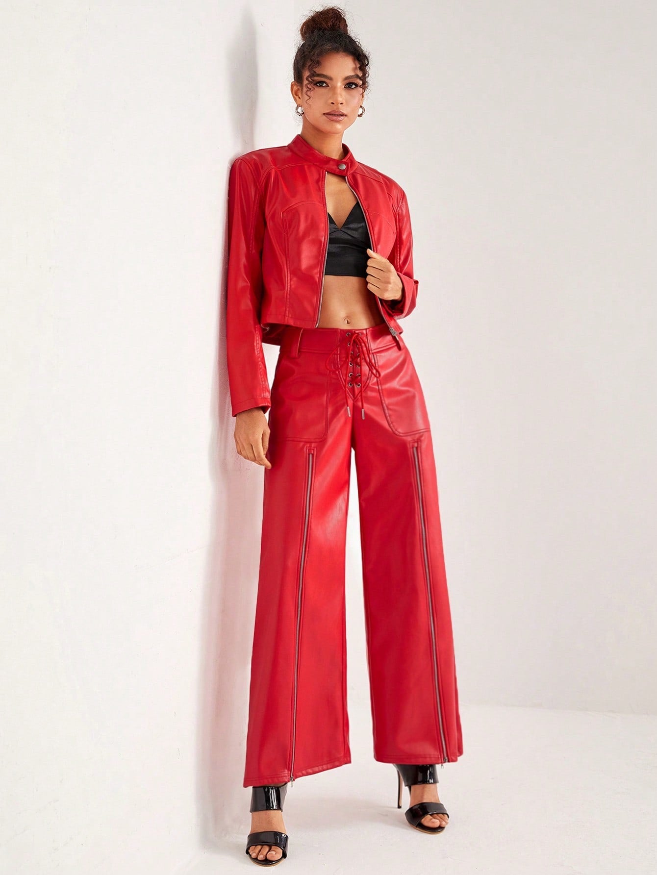 CM-BS616911 Women Elegant Seoul Style PU Leather Lace Up Front Wide Leg Pants - Red