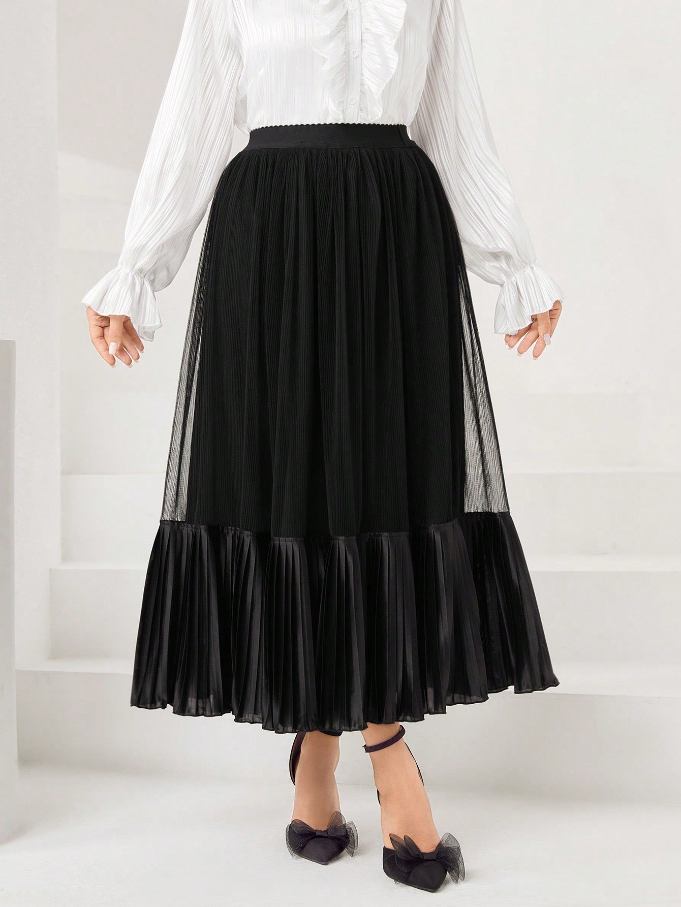 CM-BS610171 Women Elegant Seoul Style High Waist Ruffle Hem Mesh Skirt - Black