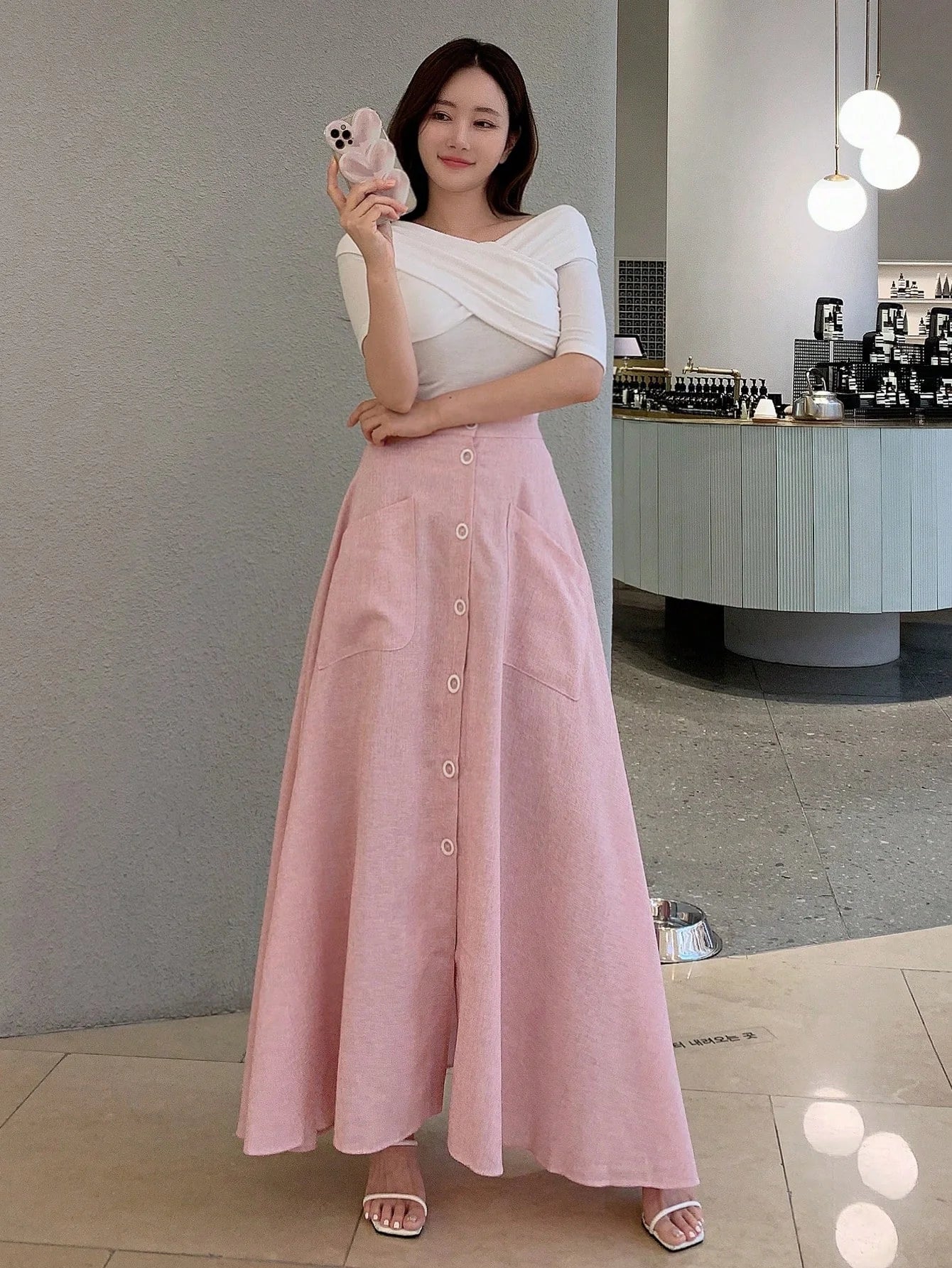 CM-BS320916 Women Casual Seoul Style Solid Button Front Dual Pocket A-Line Skirt