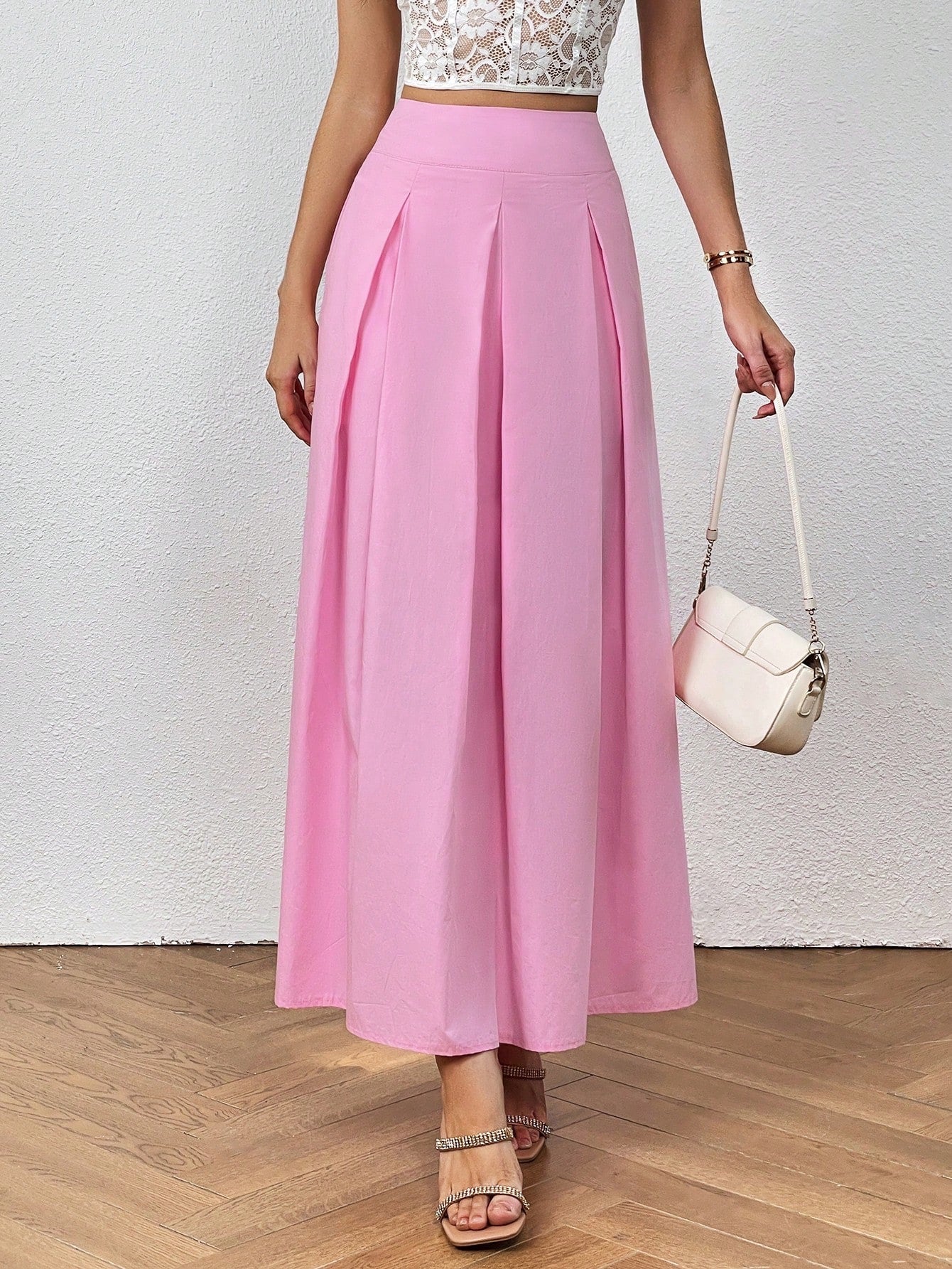 CM-BS443665 Women Casual Seoul Style High Waist Fold Pleated Detail Skirt - Pink