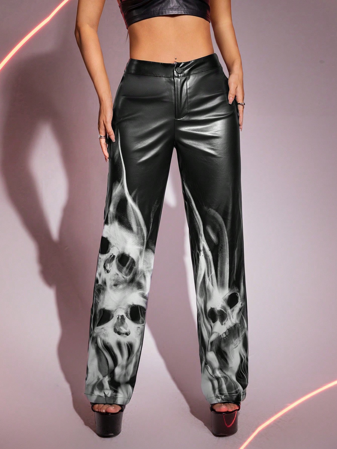 CM-BS977751 Women Casual Seoul Style Print Straight Leg PU Leather Pants - Black
