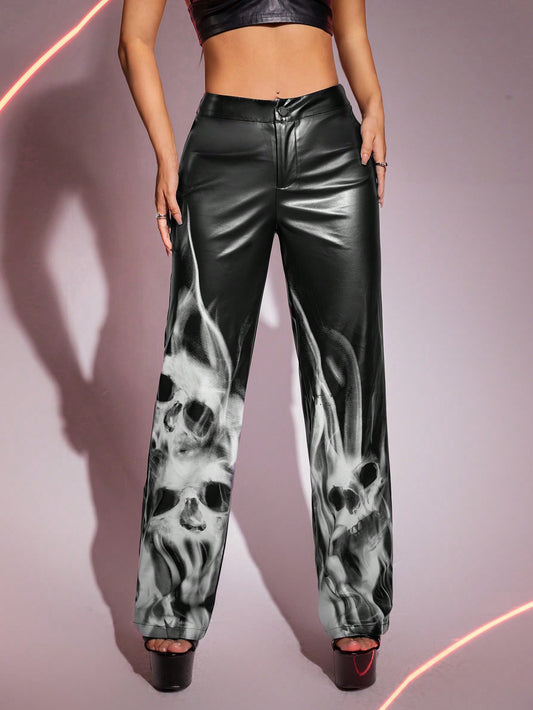 CM-BS977751 Women Casual Seoul Style Print Straight Leg PU Leather Pants - Black