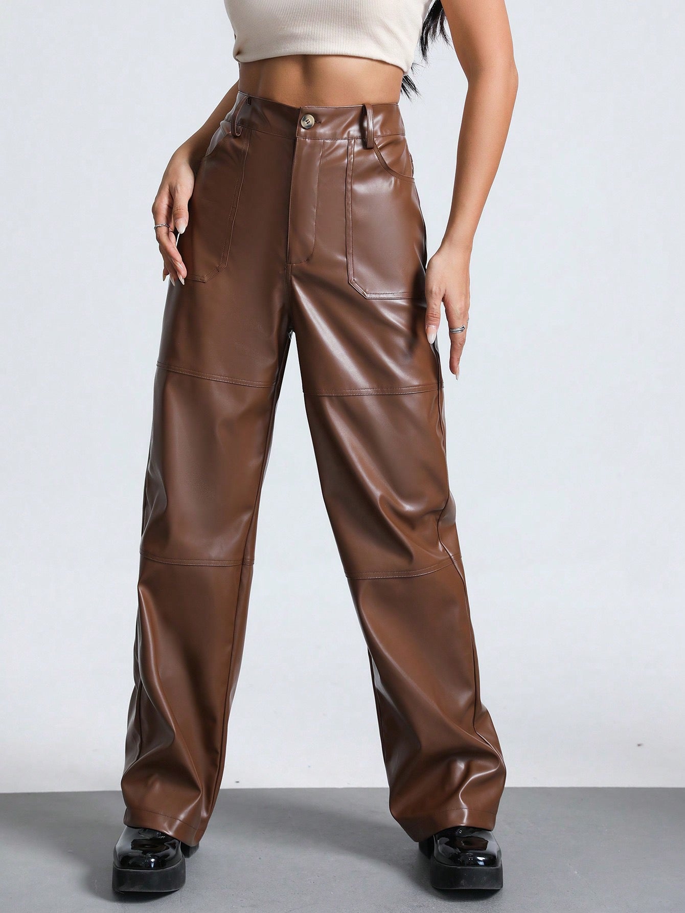 CM-BS155433 Women Elegant Seoul Style PU Leather Wide Leg Pants - Brown