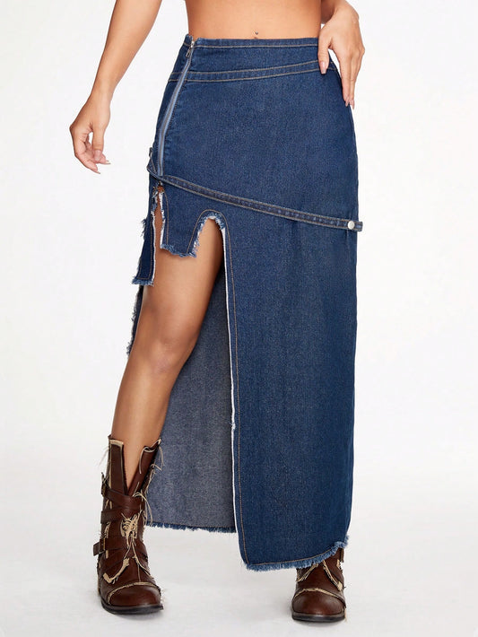 CM-BS211617 Women Casual Seoul Style Raw Trim Asymmetrical Hem Denim Skirt - Blue