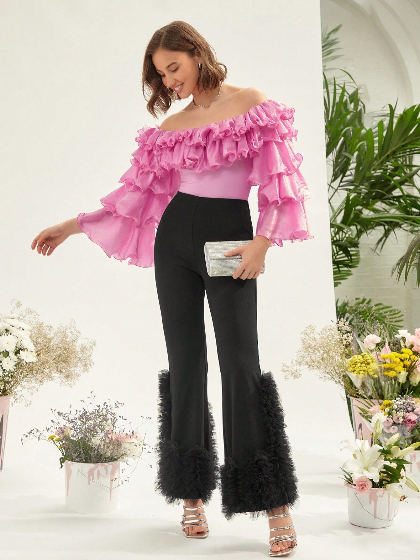 CM-BS234157 Women Elegant Seoul Style Contrast Mesh Flare Leg Pants - Black