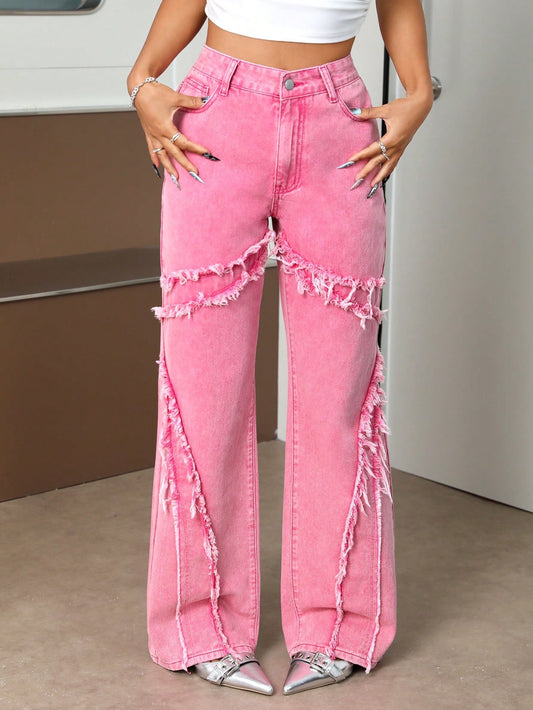 CM-BS098440 Women Preppy Seoul Style Raw Trim Flare Leg Jeans - Pink