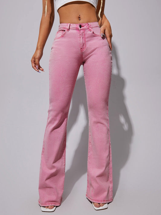 CM-BS535930 Women Casual Seoul Style Drop Waist Washed Flare Leg Jeans - Pink