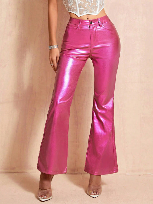 CM-BS381703 Women Casual Seoul Style High Waist Flare Leg Metallic Flare Leg Jeans - Pink