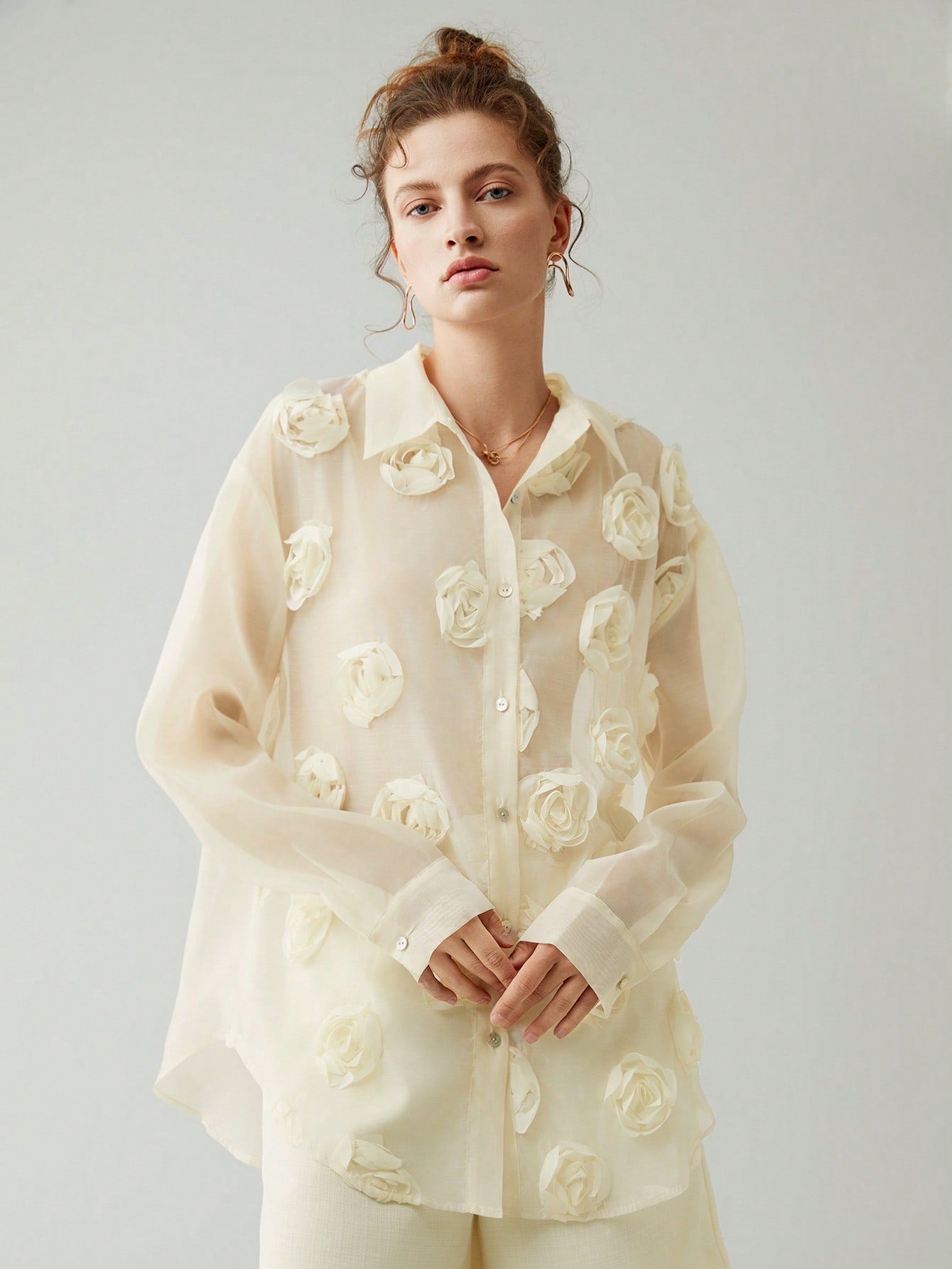 CM-TS800603 Women Casual Seoul Style Appliques Button Front Drop Shoulder Shirt