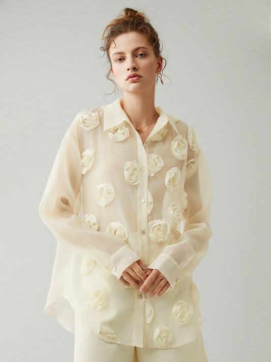 CM-TS800603 Women Casual Seoul Style Appliques Button Front Drop Shoulder Shirt