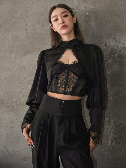 CM-TS062626 Women Elegant Seoul Style Contrast Lace High-low Hem Crop Blouse