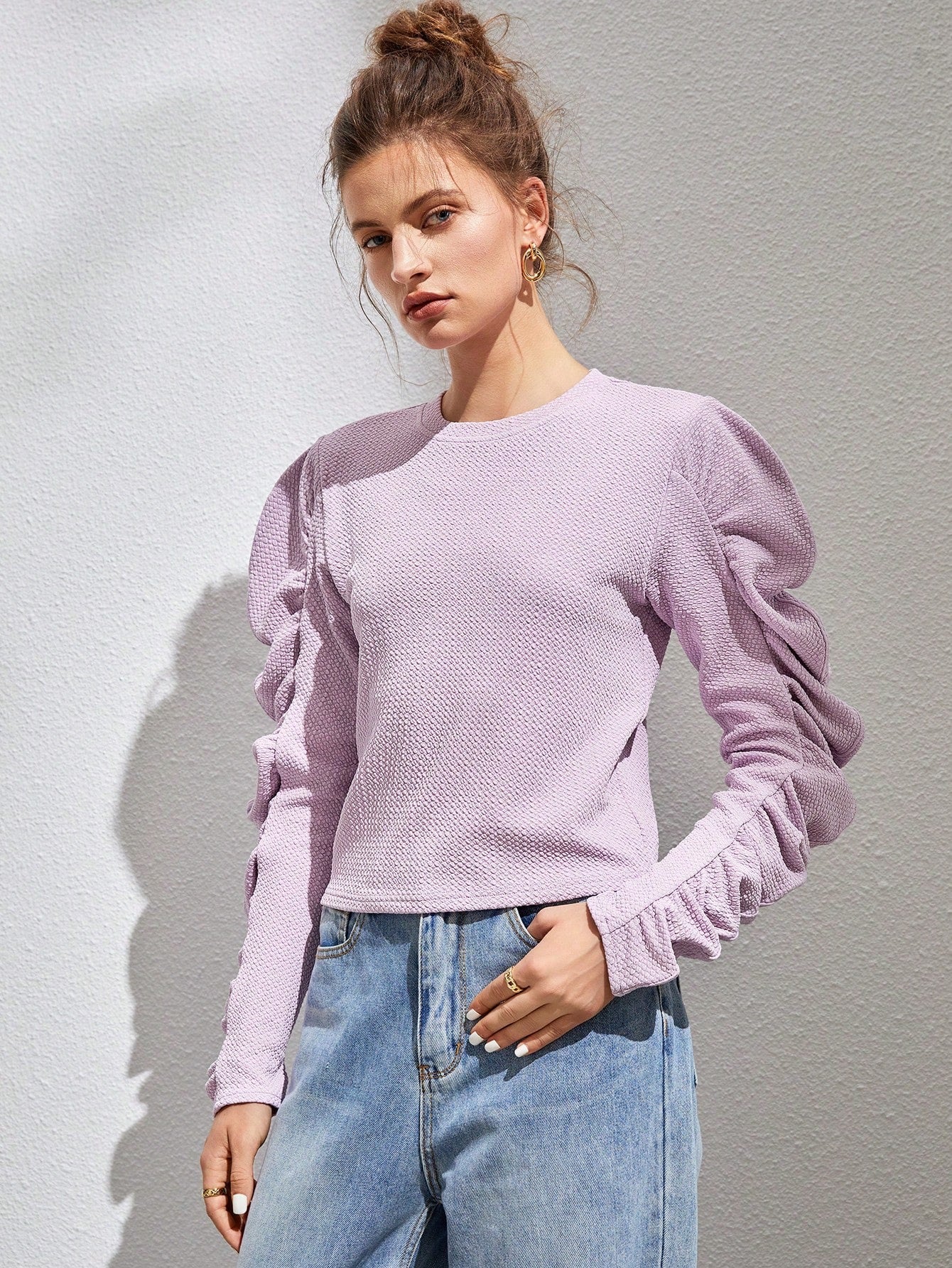 CM-TS667371 Women Casual Seoul Style Round Neck Ruched Puff Sleeve Tee - Mauve Purple