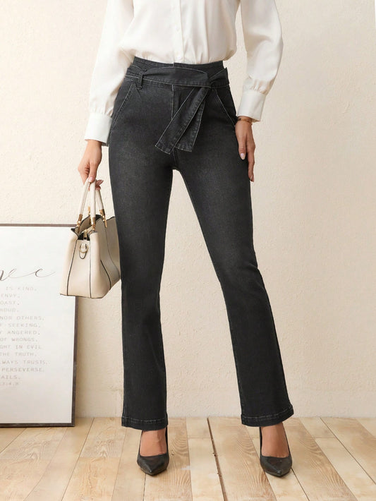 CM-BS310817 Women Preppy Seoul Style High Waist Belted Flare Leg Jeans - Black