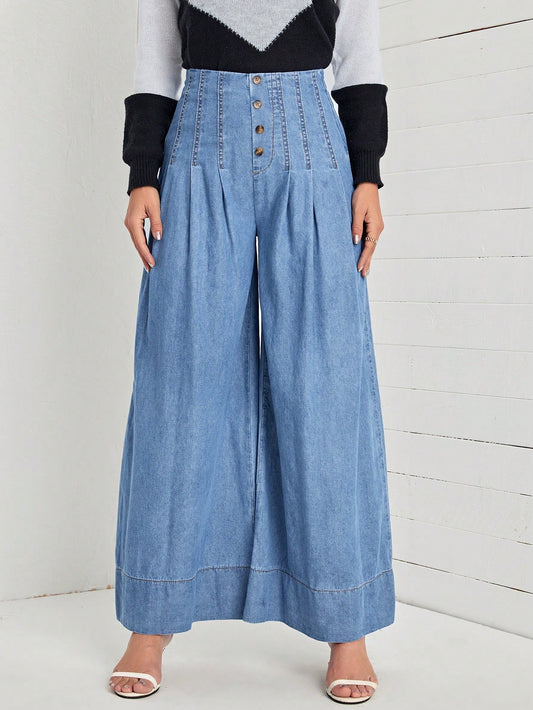 CM-BS763828 Women Casual Seoul Style Dark Wash Button Fly Wide Leg Jeans