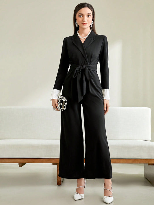 CM-JS312182 Women Elehgant Seoul Style Shawl Collar Contrast Cuff Belted Wide Leg Jumpsuit