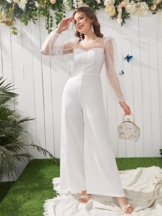 CM-JS095329 Women Elegant Seoul Style Dobby Mesh Zip Back Culottes Jumpsuit - White