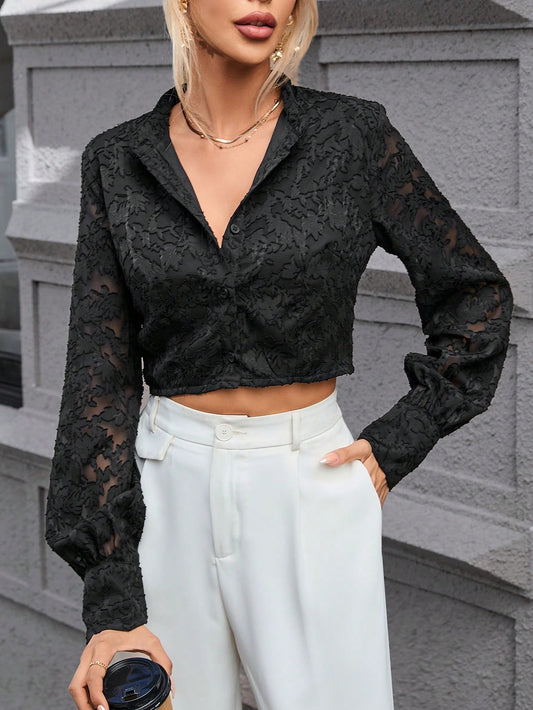 CM-TS428131 Women Elegant Seoul Style Jacquard Lantern Sleeve Crop Shirt - Black