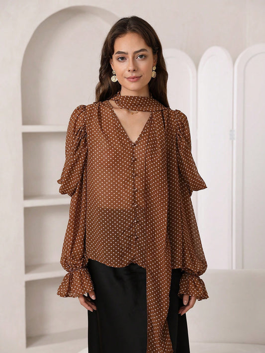CM-TS400486 Women Elegant Seoul Style Polka Dot Print Choker Neck Flounce Sleeve Blouse