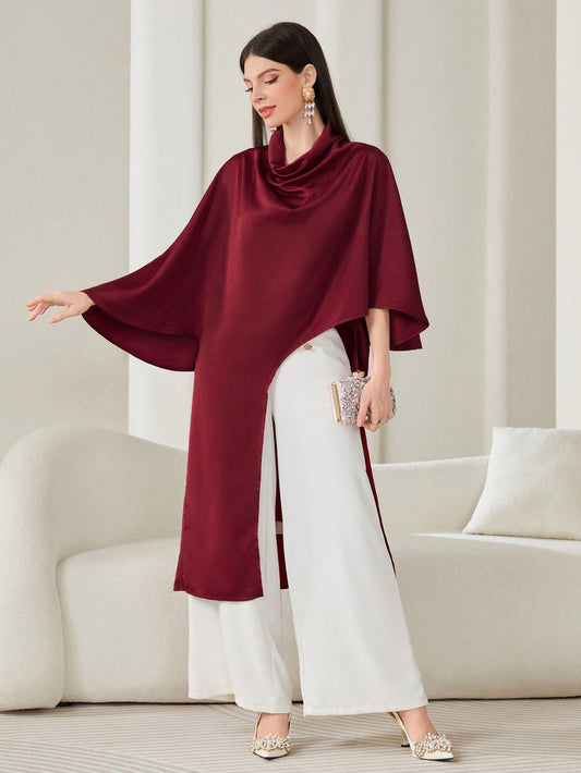 CM-TS824289 Women Elegant Seoul Style Draped Collar Asymmetrical Hem Blouse - Burgundy