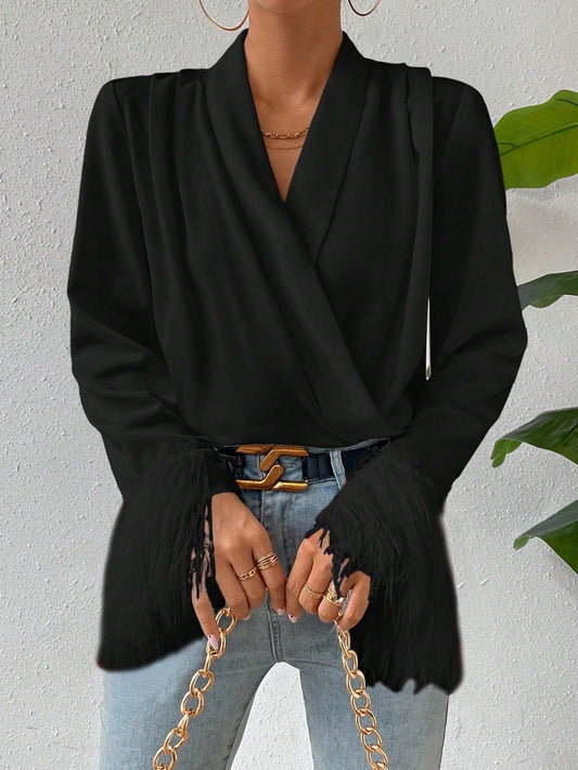 CM-TS068200 Women Elegant Seoul Style V-Neck Solid Fringe Cuff Wrap Blouse - Black