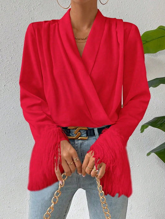CM-TS349939 Women Elegant Seoul Style V-Neck Solid Fringe Cuff Wrap Blouse - Red