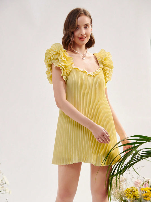 CM-DS949574 Women Elegant Seoul Style Pleated Detail Ruffle Trim Plisse Dress - Yellow