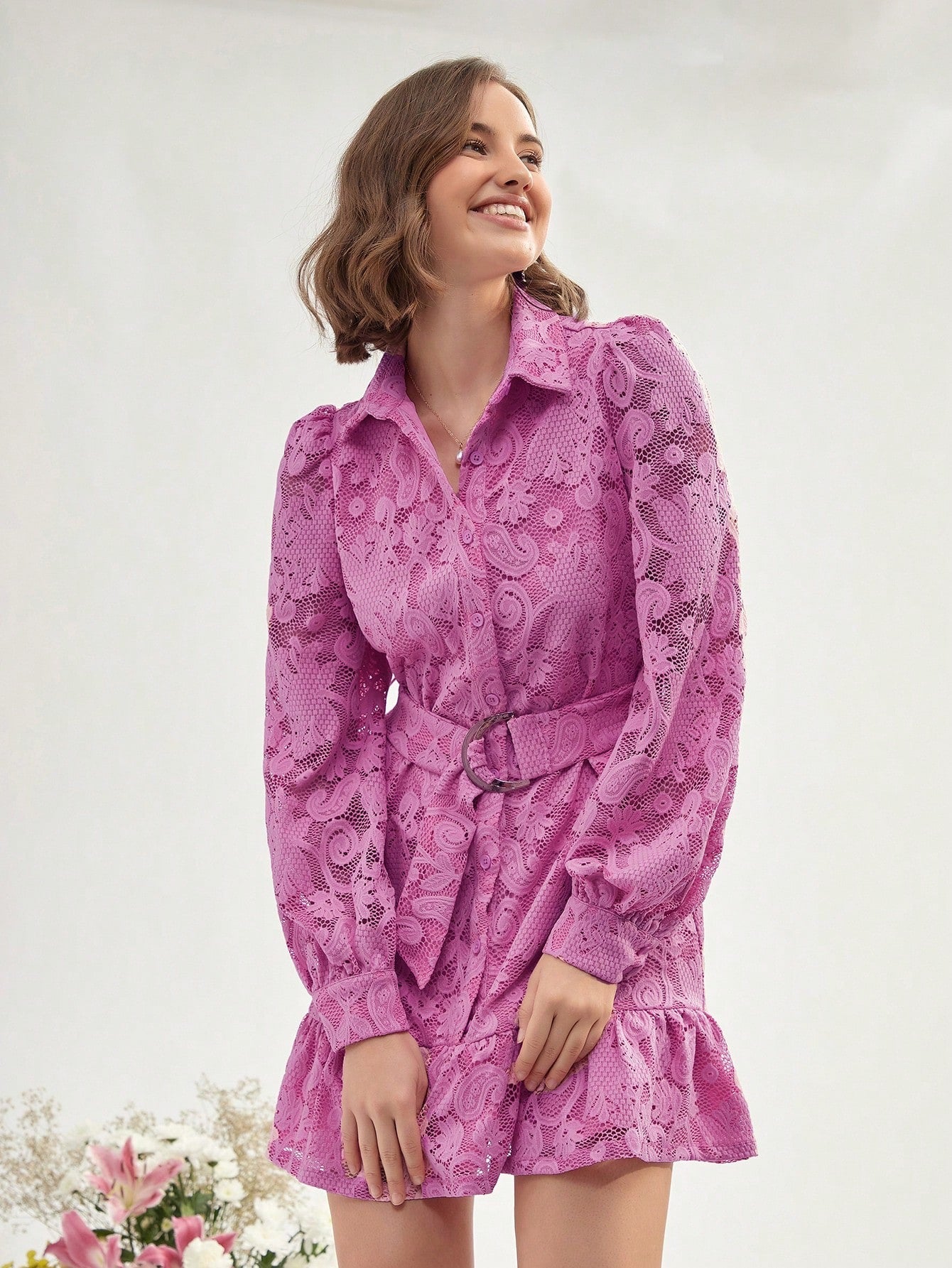 CM-DS410010 Women Elegant Seoul Style Floral Jacquard Ruffle Hem Belted Shirt Dress - Pink