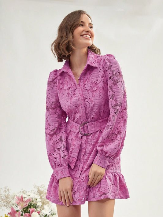 CM-DS410010 Women Elegant Seoul Style Floral Jacquard Ruffle Hem Belted Shirt Dress - Pink