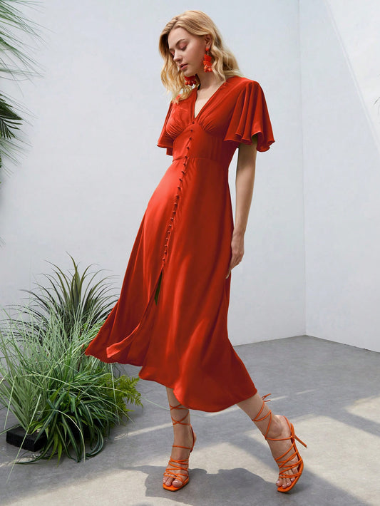 CM-DS356608 Women Elegant Seoul Style Butterfly Sleeve Button Front A-Line Dress - Burnt Orange