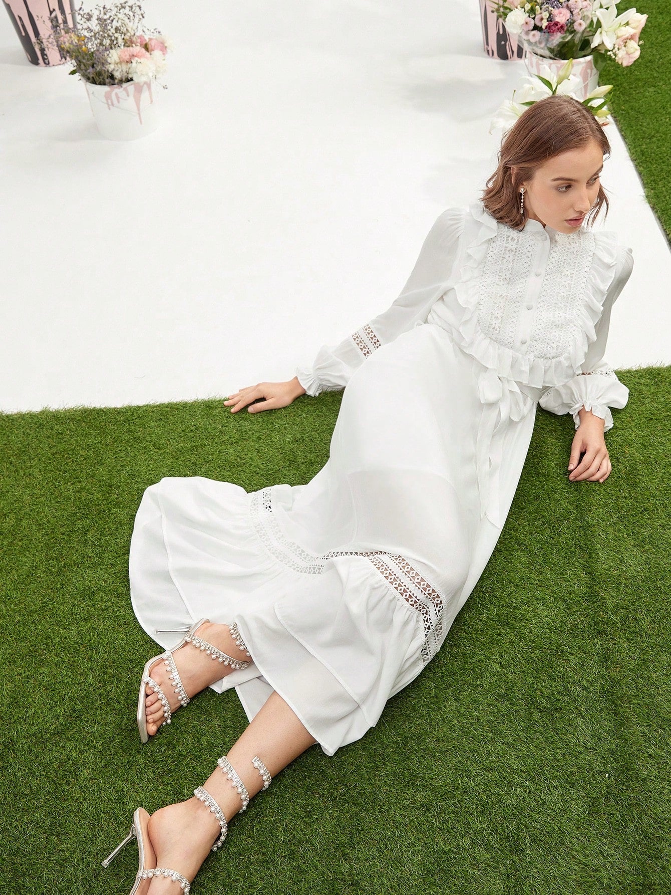 CM-DS130431 Women Elegant Seoul Style Contrast Lace Ruffle Trim Belted Ruffle Hem Dress