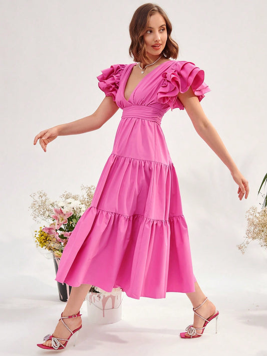 CM-DS385882 Women Elegant Seoul Style Plunging Neck Ruffle Hem Dress - Pink