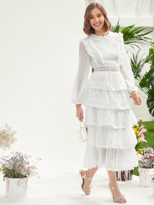 CM-DS095840 Women Elegant Seoul Style Swiss Dot Ruffle Trim Lantern Sleeve Layered Hem Dress
