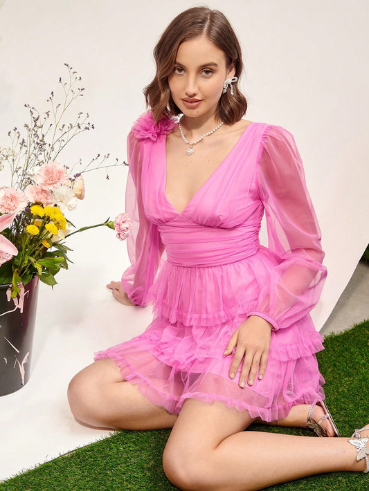 CM-DS046415 Women Elegant Seoul Style Plunging Neck Lantern Sleeve Ruffle Hem Organza Dress