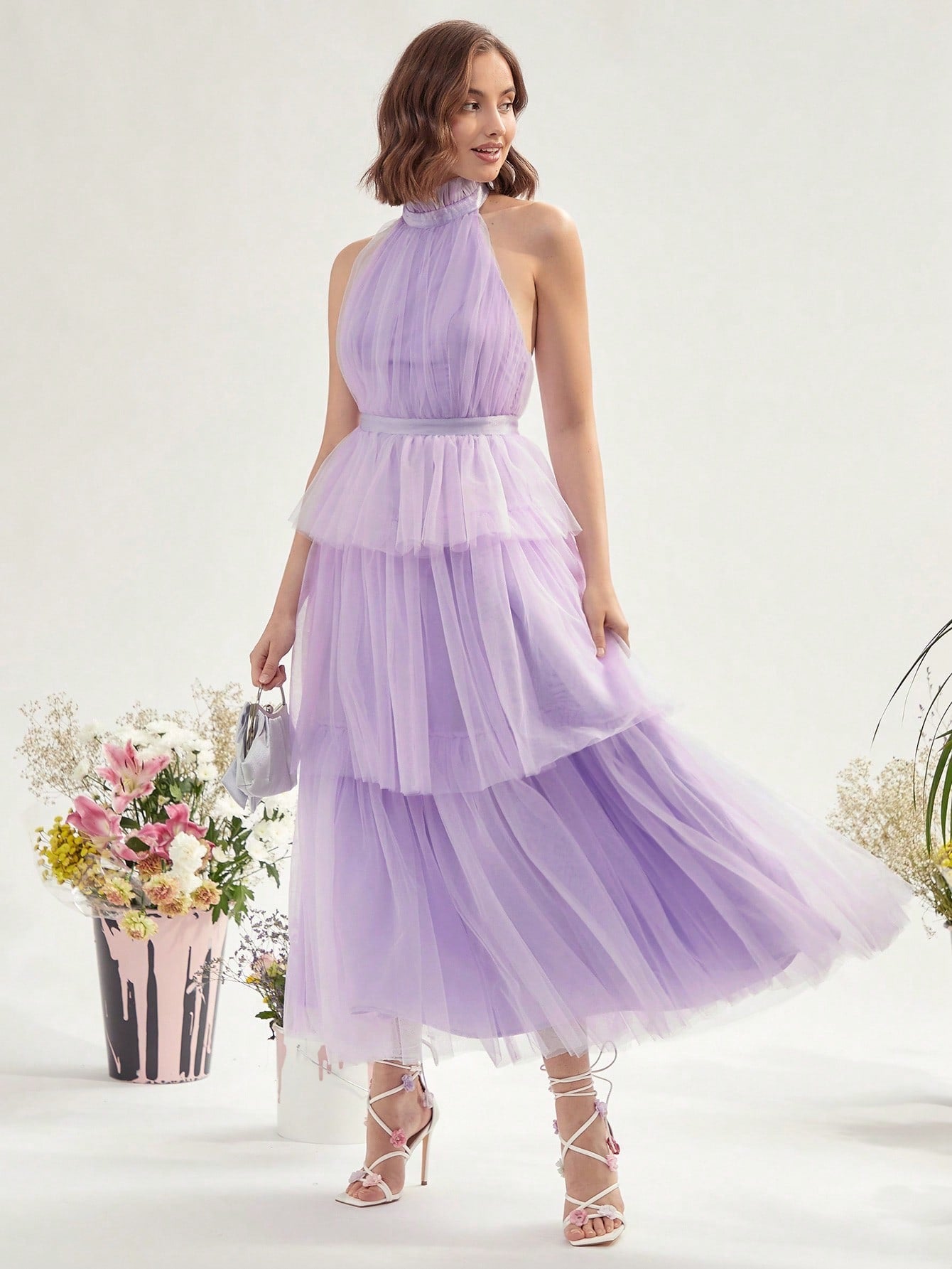 CM-DS328536 Women Elegant Seoul Style Tie Backless Layer Hem Mesh Overlay Halter Neck Dress